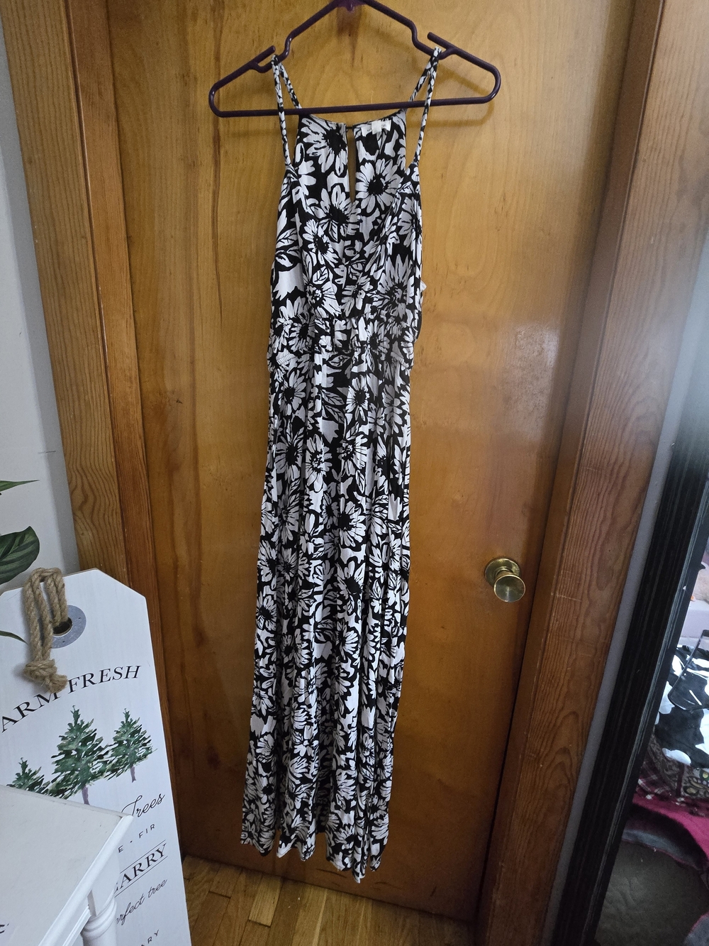 Black & White Floral Halter Maxi Dress with Spaghetti Straps